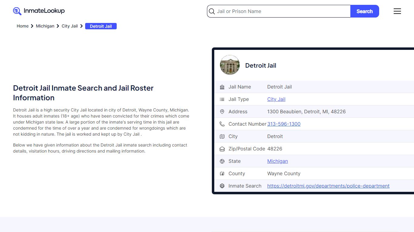 Detroit Jail Inmate Search and Jail Roster Information
